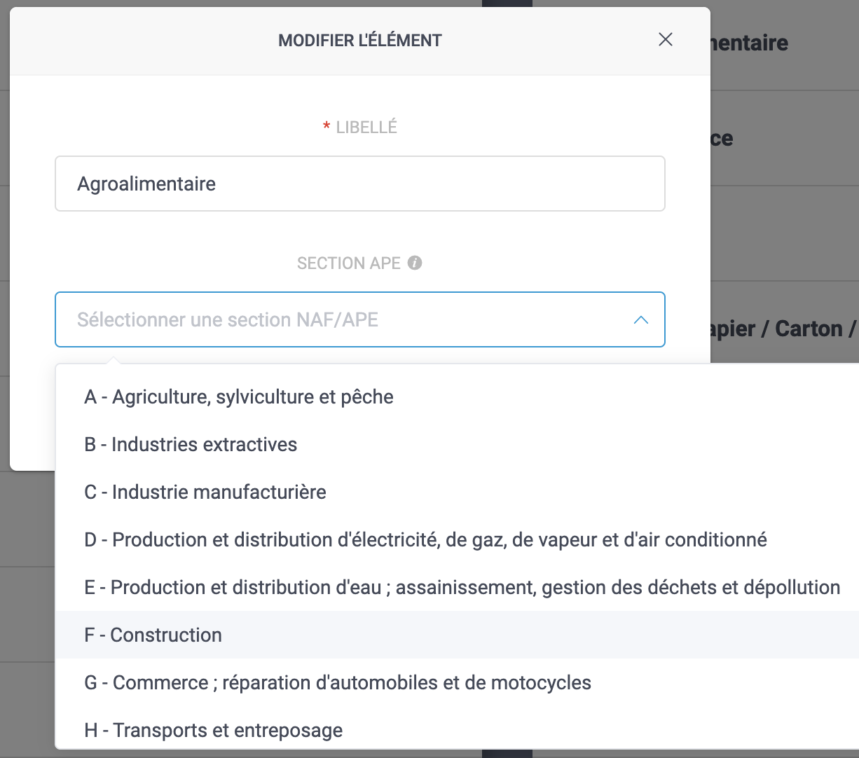 Paramétrage d'une section APE sur un secteur d'activité